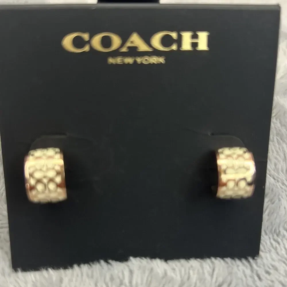 Coach Rose Gold C White Logo Huggie Earrings – Signature Engraved Hoops Luxury